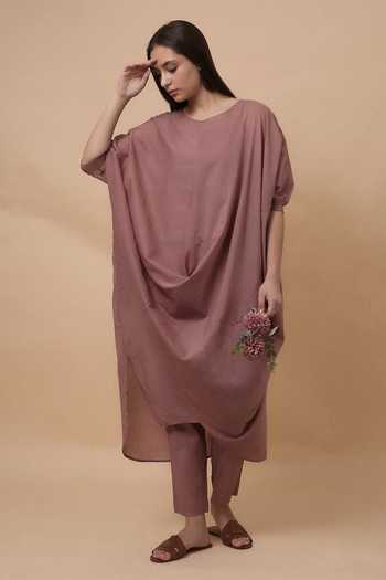 Buy_MATI_Pink Cotton Crew Neck Blush Rib Mul Cowl Tunic And Pant Co-ord Set _at_Aza_Fashions