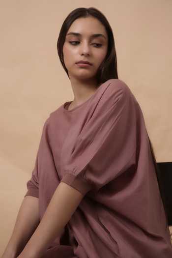 Shop_MATI_Pink Cotton Crew Neck Blush Rib Mul Cowl Tunic And Pant Co-ord Set _Online_at_Aza_Fashions