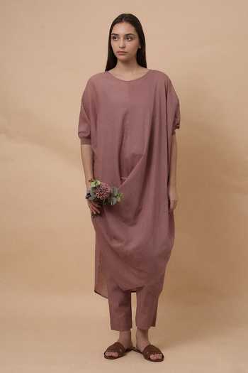 MATI_Pink Cotton Crew Neck Blush Rib Mul Cowl Tunic And Pant Co-ord Set _at_Aza_Fashions