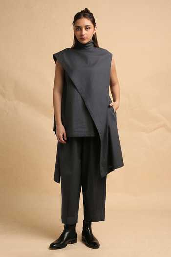 Buy_MATI_Grey Cotton Turtle Neck Ash Toga Top And Pant Co-ord Set _at_Aza_Fashions