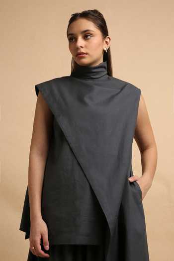 MATI_Grey Cotton Turtle Neck Ash Toga Top And Pant Co-ord Set _at_Aza_Fashions