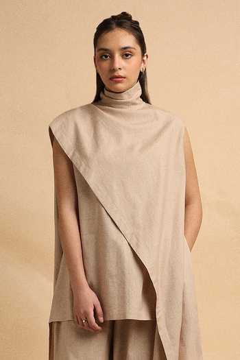 Buy_MATI_Beige Cotton Turtle Neck Sand Toga Top And Pant Co-ord Set _Online_at_Aza_Fashions