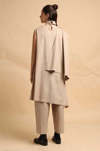 Shop_MATI_Beige Cotton Turtle Neck Sand Toga Top And Pant Co-ord Set _at_Aza_Fashions