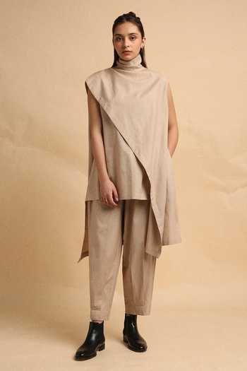 Buy_MATI_Beige Cotton Turtle Neck Sand Toga Top And Pant Co-ord Set _at_Aza_Fashions
