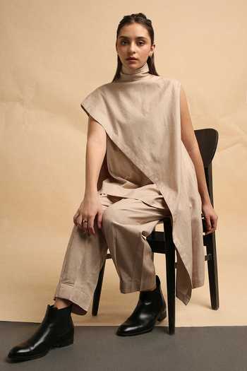 Buy_MATI_Beige Cotton Turtle Neck Sand Toga Top And Pant Co-ord Set 