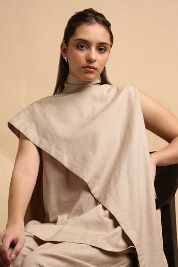 Shop_MATI_Beige Cotton Turtle Neck Sand Toga Top And Pant Co-ord Set 