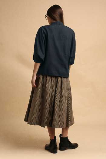 Shop_MATI_Charcoal Cotton Collared Crop Shirt And Box Pleated Skirt Set _at_Aza_Fashions