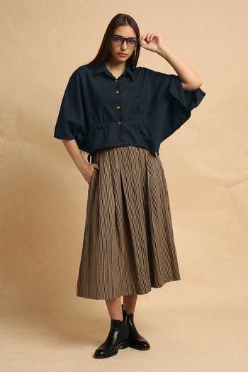 Buy_MATI_Charcoal Cotton Collared Crop Shirt And Box Pleated Skirt Set _at_Aza_Fashions