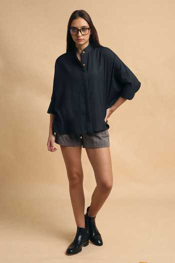 MATI_Charcoal Cotton Mandarin Collar Oversized Ret Shirt And Striped Shorts Set _Online_at_Aza_Fashions