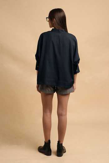 Shop_MATI_Charcoal Cotton Mandarin Collar Oversized Ret Shirt And Striped Shorts Set _at_Aza_Fashions