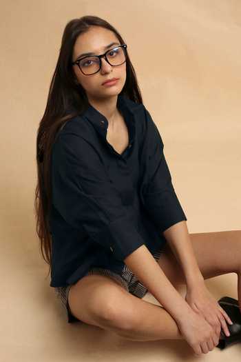 Shop_MATI_Charcoal Cotton Mandarin Collar Oversized Ret Shirt And Striped Shorts Set _Online_at_Aza_Fashions