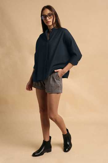 MATI_Charcoal Cotton Mandarin Collar Oversized Ret Shirt And Striped Shorts Set _at_Aza_Fashions