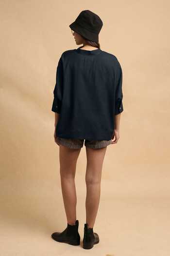 Shop_MATI_Grey Cotton Mandarin Collar Oversized Ret Shirt And Striped Shorts Set _at_Aza_Fashions