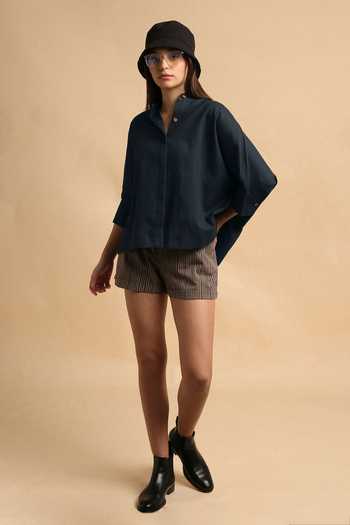 MATI_Grey Cotton Mandarin Collar Oversized Ret Shirt And Striped Shorts Set _Online_at_Aza_Fashions