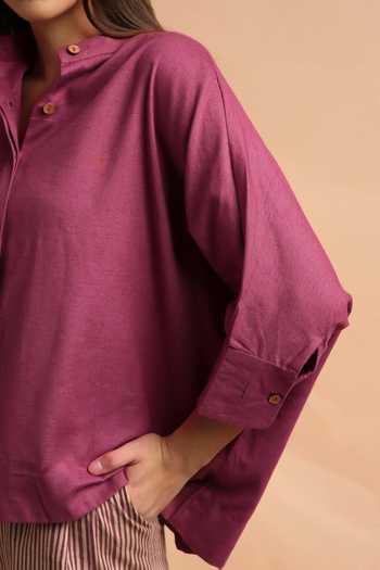 MATI_Mauve Cotton Mandarin Collar Oversized Ret Shirt And Striped Shorts Set _Online_at_Aza_Fashions