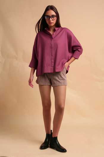 Shop_MATI_Mauve Cotton Mandarin Collar Oversized Ret Shirt And Striped Shorts Set _at_Aza_Fashions