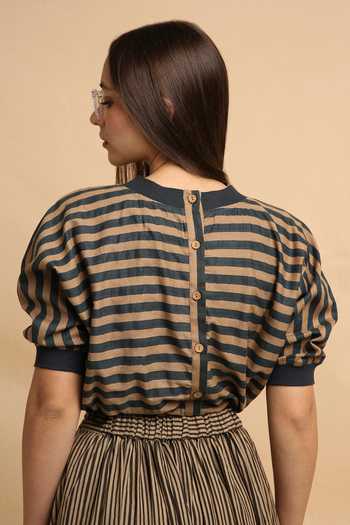 MATI_Brown Cotton Round Neck Medium Striped New Sphara Crop Top _Online_at_Aza_Fashions