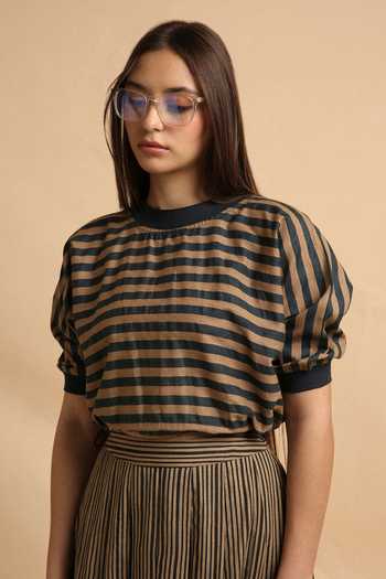 Buy_MATI_Brown Cotton Round Neck Medium Striped New Sphara Crop Top _Online_at_Aza_Fashions