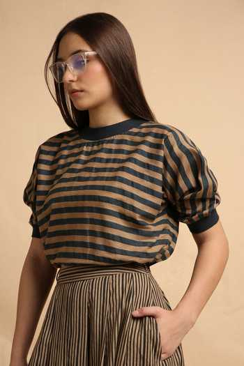 Shop_MATI_Brown Cotton Round Neck Medium Striped New Sphara Crop Top _Online_at_Aza_Fashions