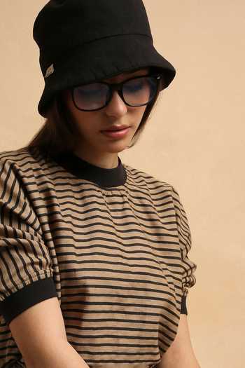 MATI_Brown Cotton Crew Neck Thin Striped New Sphara Crop Top _Online_at_Aza_Fashions