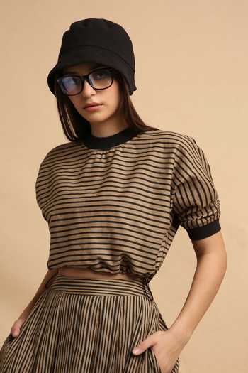 Buy_MATI_Brown Cotton Crew Neck Thin Striped New Sphara Crop Top _Online_at_Aza_Fashions