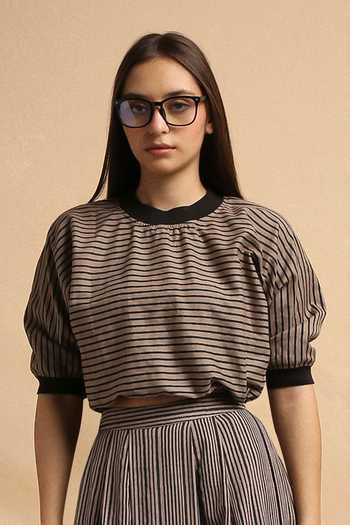 Buy_MATI_Grey Cotton Round Neck Thin Striped New Sphara Crop Top _at_Aza_Fashions