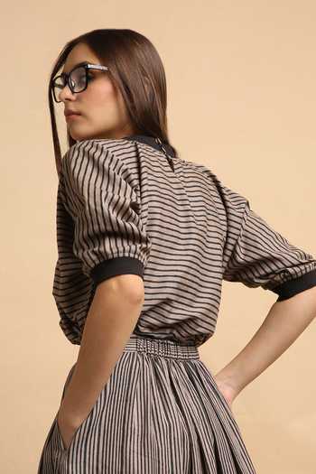 Shop_MATI_Grey Cotton Round Neck Thin Striped New Sphara Crop Top _at_Aza_Fashions