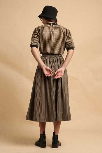 Shop_MATI_Brown Cotton Round Neck Thin Striped Sphara Crop Top And Skirt Set _at_Aza_Fashions
