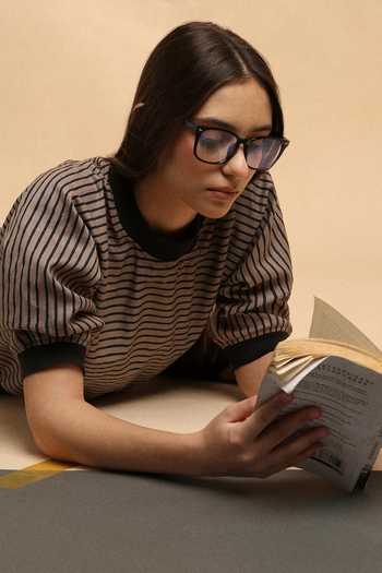 MATI_Grey Cotton Round Neck Thin Striped New Sphara Crop Top And Skirt Set _Online_at_Aza_Fashions