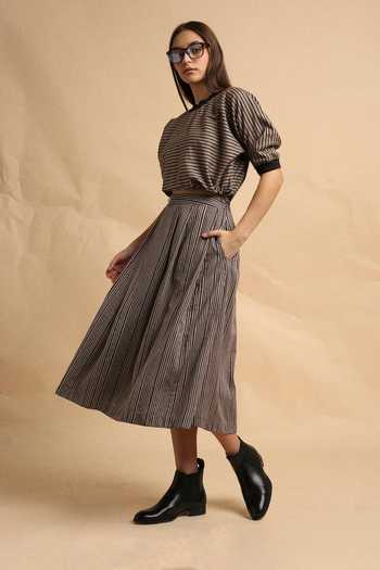 Buy_MATI_Grey Cotton Round Neck Thin Striped New Sphara Crop Top And Skirt Set _Online_at_Aza_Fashions