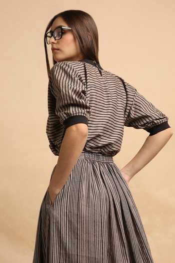 Shop_MATI_Grey Cotton Round Neck Thin Striped New Sphara Crop Top And Skirt Set _at_Aza_Fashions