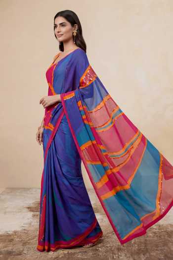 Satya Paul_Pink Silk, Crepe Sequins, Zari Nights Of Neon Saree _at_Aza_Fashions