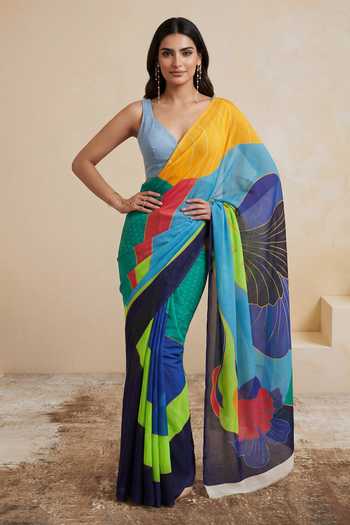 Buy_Satya Paul_Blue Silk, Georgette Deep Sea Printed Saree _at_Aza_Fashions