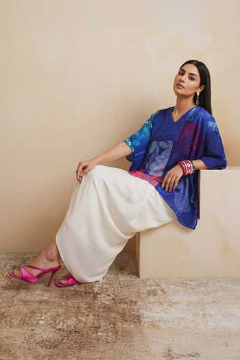 Satya Paul_Blue Crepe, Viscose V-neck Indigo Fern Print Kaftan _at_Aza_Fashions