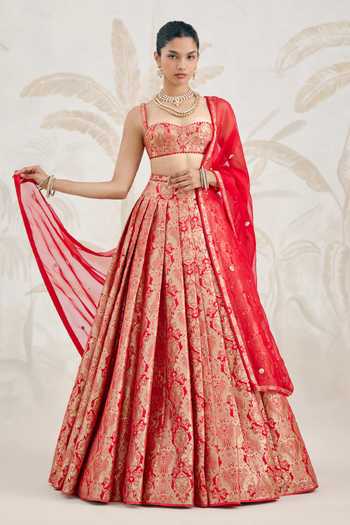 Buy_Shyam Narayan Prasad_Gold Silk, Organza, Brocade Embroidery Sweetheart Neck Floral Woven Lehenga Set _at_Aza_Fashions