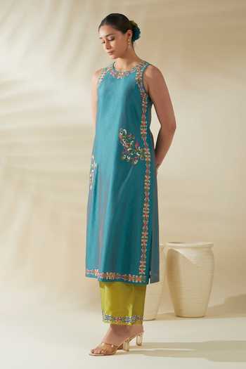 Buy_Origani_Blue Chanderi Silk Embroidery Round Neck Kurta And Pant Set _at_Aza_Fashions