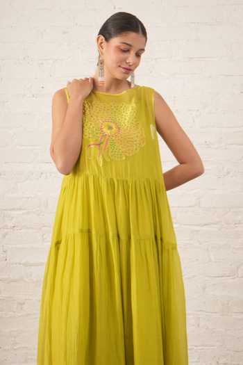 Myoho_Lime Chanderi Applique, Beads Boat Neck Hand Embroidered Pure Dress _Online_at_Aza_Fashions