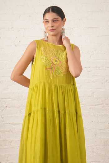 Buy_Myoho_Lime Chanderi Applique, Beads Boat Neck Hand Embroidered Pure Dress _Online_at_Aza_Fashions