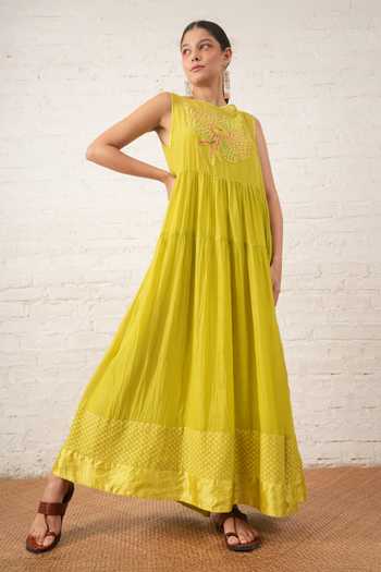 Shop_Myoho_Lime Chanderi Applique, Beads Boat Neck Hand Embroidered Pure Dress _Online_at_Aza_Fashions