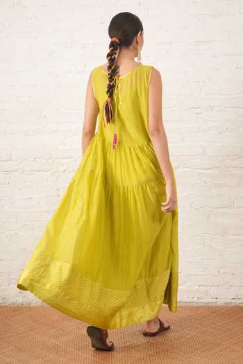 Shop_Myoho_Lime Chanderi Applique, Beads Boat Neck Hand Embroidered Pure Dress _at_Aza_Fashions