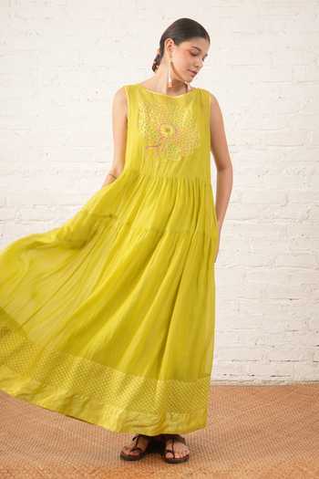 Myoho_Lime Chanderi Applique, Beads Boat Neck Hand Embroidered Pure Dress _at_Aza_Fashions