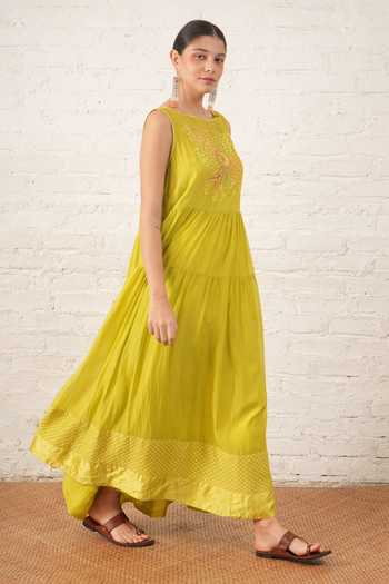 Buy_Myoho_Lime Chanderi Applique, Beads Boat Neck Hand Embroidered Pure Dress 