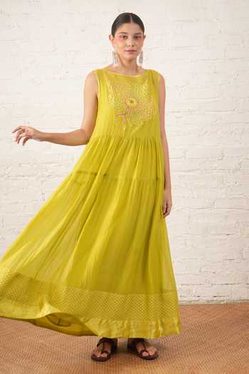 Shop_Myoho_Lime Chanderi Applique, Beads Boat Neck Hand Embroidered Pure Dress 