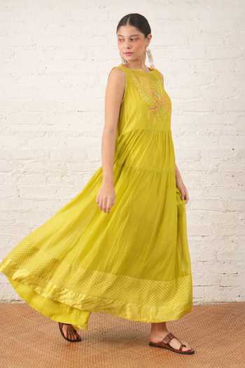 Myoho_Lime Chanderi Applique, Beads Boat Neck Hand Embroidered Pure Dress _Online