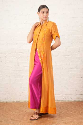 Myoho_Yellow Chanderi Beads, Applique Collared Embroidered Jacket And Pant Set _Online_at_Aza_Fashions
