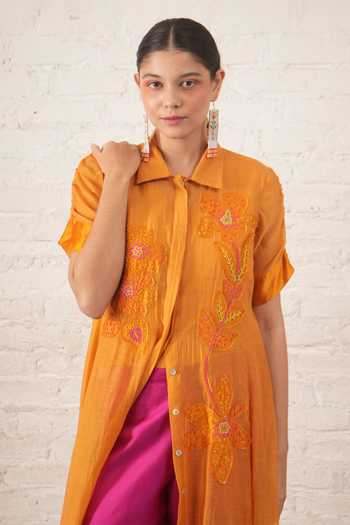 Buy_Myoho_Yellow Chanderi Beads, Applique Collared Embroidered Jacket And Pant Set _Online_at_Aza_Fashions