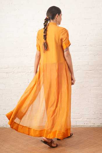 Shop_Myoho_Yellow Chanderi Beads, Applique Collared Embroidered Jacket And Pant Set _at_Aza_Fashions