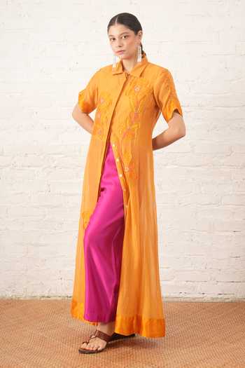 Shop_Myoho_Yellow Chanderi Beads, Applique Collared Embroidered Jacket And Pant Set _Online_at_Aza_Fashions