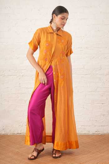 Myoho_Yellow Chanderi Beads, Applique Collared Embroidered Jacket And Pant Set _at_Aza_Fashions