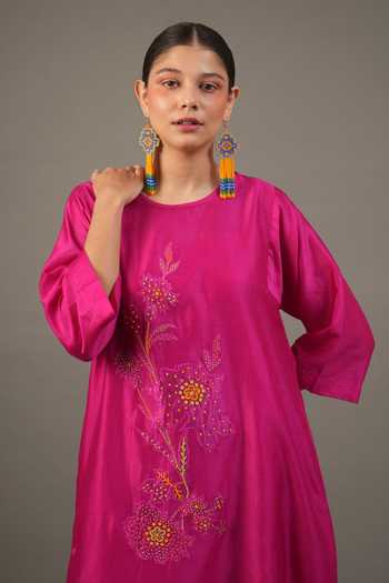 Myoho_Fuchsia Chanderi Beads, Applique Round Neck Hand Embroidered Pure Dress _Online_at_Aza_Fashions